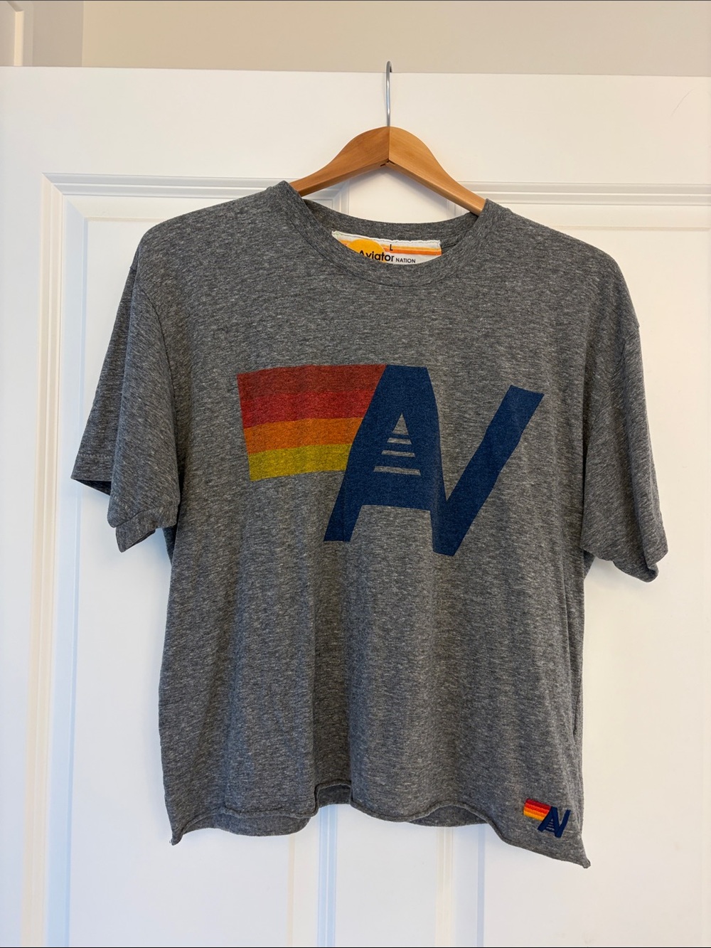 Aviator Nation Grey Tee with Red-Orange-Yellow Stripe and Navy AV
